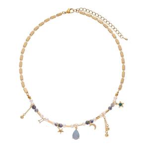 Blue Star Necklace with Moon Charm Pearls Detail Lightweight Dainty Neckchain Evening Party