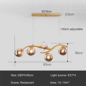 LED Dining Table Bar Chandelier Black Gold Horizontal Iron Rod with Bird Glass Ball Hanging Lamp