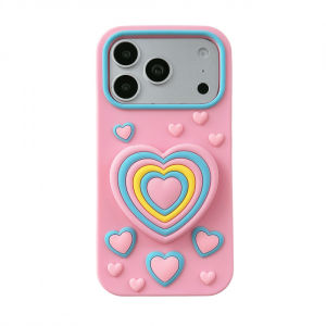 3D Color Heart Flip Mirror Stand Silicone Phone Case For iPhone 17 16 15 14 13 Pro Max Sweet Girly Candy Contrast Frame Anti-drop Cover