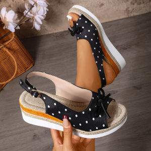 2026 Thick-Soled Fish-Mouth Buckle Wedge Sandals For Women Plus Size Polka Dot Lightweight Beach Sandals