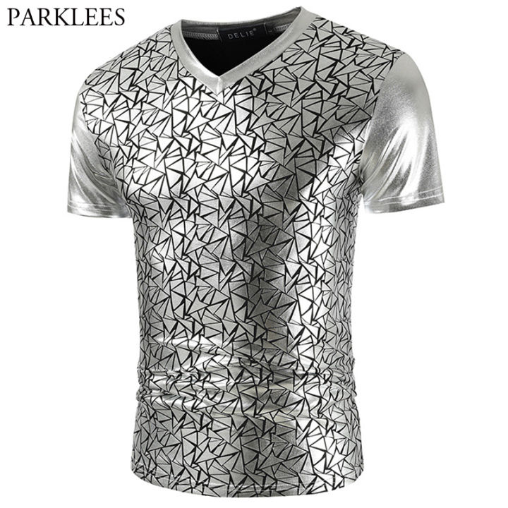 Shiny Silver Metallic Nightclub Wear T Shirt Men 2023 Geometric