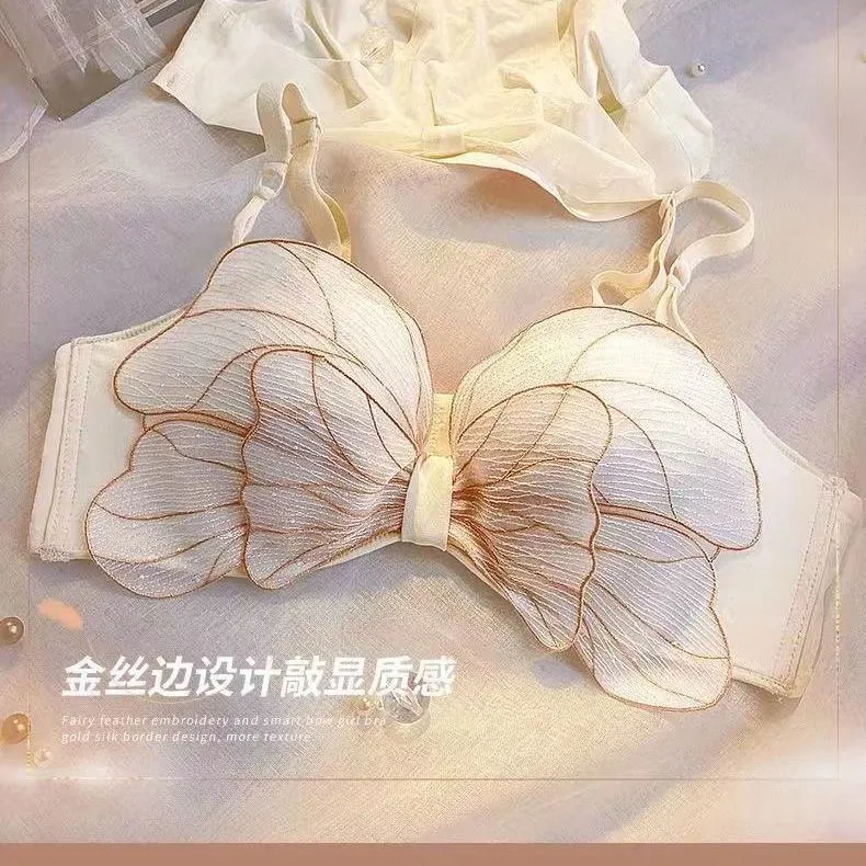 New Style Small Chest Bow Underwear Fairy Embroidered Wireless Sweet Girl  Small Chest Push up Big Suit Bra