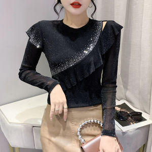 Yimei 2023 mùa thu mới công nghiệp nặng kim cương nổi bật Áo thun màu xanh cổ tròn thời trang Hở Vai Áo lưới xếp nhún dài tay áo khiêu vũ