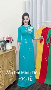 Áo Dài Lụa Mỹ Cao Cấp Họa Tiết Đính Kết Thủ Công Tỉ Mỉ - Mã C39-1 Màu Xanh Ngọc