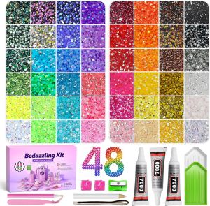 Redtwo 48 Colors Resin Jelly Rhinestones for Bedazzling Kit 45000 Pcs 3mm Flatback Rhinestones for Crafting Bedazzler Kit with 3 x 10ml Glue and Tools Bedazzling Gems for Clothes Books & Shoes