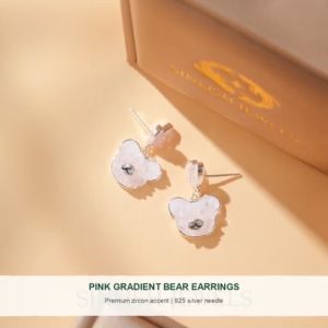 SINLISH Pink Gradient Bear Earrings Cartoon Baby Crystal Design Fashion Zirconia Jewelry for Women