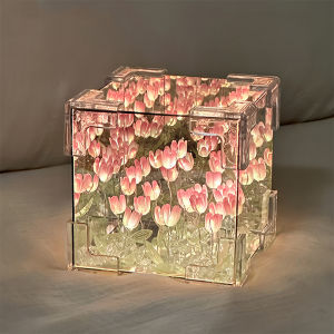 Tulip Sea Lamp Box DIY Kit 20 Bunga | Lampu Malam LED Bunga Tulip Kubus Rubik | Lampu Malam Led Cermin 10*10cm/DIY Tulip Lampu Malam Led Cermin Lampu Untuk Hadiah Ulang Tahun Pacar