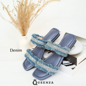 Queenza Clara Sandal Wanita Sendal Teplek 1 Cm Selop Cewek Bahan Sintetis Warna Denim Dan Hitam