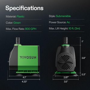 VIVOSUN 800GPH Submersible Pump(3000L/H 24W) Ultra Quiet Water Fountain Pump with 10ft. High Lift with 6.5ft. Power Cord 3 Nozzles for Fish Tank Pond Aquarium Statuary Hydroponics Green