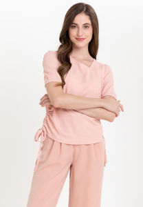 Krizia Cotton Knit Stretch Asymmetric Nect Blouse with Side Ruching