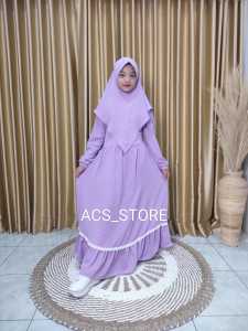 Gamis Anak Lengan Panjang Motif Polos Warna Ungu dengan Jilbab - Usia 3-15 Tahun