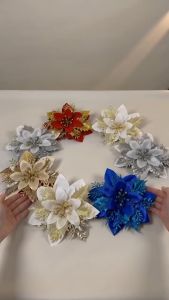 12PCS Artificial Poinsettia Flowers with Stem Glitter Christmas Decorations For Home Party Decor