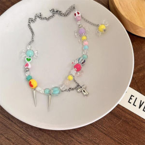 Nicedays🍒Rainbow Candy Kalung Retro Gadis Pedas Tulang Selangka Rantai Y2k Gaya Gelang Manik