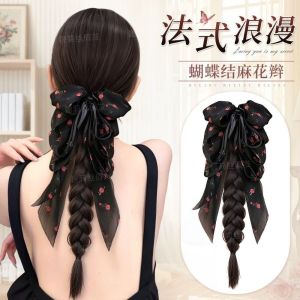 JEWELS1 18 Inch Bow Ribbon Braids Ponytail Extensions Claw Clip Long Twist Braid Hairpiece Daily Use Fluffy Handmade Braids Pony Tails for Women