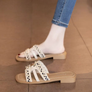 [Free Shipping] Fashionable Pearl Slippers For Women Summer Outdoor Wear 2025 Trendy Flat-Soled One-Strap Beach Sandals