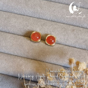 Nanhong (South Red) Agate Round Cabochon Stud Gold-Plated s925 Sterling Silver Earrings