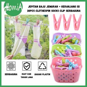 Jepitan Jemuran Baju Isi 30Pcs FREE Keranjang Plastik / Clothespin Hanger Clip / Penjepit Cucian Kaus Kaki Celana Dalam Underwear Bra Boxer Manset Anak Bayi Dewasa Baby Holder Klip Gantungan Warna Pakaian Rumah Tangga Laundry Tahan Lama Serbaguna - HOMIA