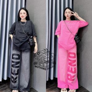 Casual Sets Terno for Women Korean Fashion Summer New Printed Short-sleeved Wide-leg Pants Sportswear Black/Pink