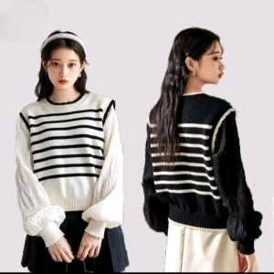 Atasan Knit Wanita Lengan Balon Lengan Panjang Basic Korean Rajut Motif Garis-garis