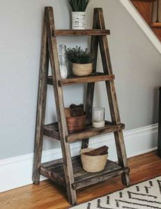 Handcrafted Multi-Purpose Storage Solid Wood Rustic Reclaimed Pantry Organizer - Ladder Shelf  Display Rack Eco-Friendly Bookshelf and Plant Organizer with Natural Finish Perfect for Living Room Kitchen or Office Interiors
