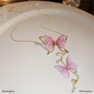[COD] Modingdue Fashion Tulle Butterfly Necklace Rhinestone Charm Tassel Chain Necklace Vintage Party Jewelry Women Girl Gift