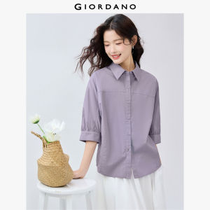 GIORDANO ผู้หญิง เสื้อเชิ้ต 100% Cotton แขนยาวศอก เสื้อเชิ้ตตะเข็บโชว์ กระดุมปิด เสื้อเชิ้ตแฟชั่นเรียบง่าย ลำลอง 05345463