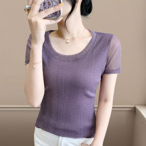 Áo thun nữ Yimei cổ tròn tay ngắn hồng thời trang mùa hè mới 2025 áo nhỏ phong cách và thanh lịch áo ôm vừa lưới vàng nóng bỏng