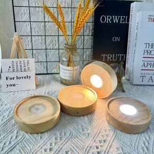 TAQ57 อินสตาแกรม ฐานไฟ LED ไม้ หลากสี กลม ฐานแสดงศิลปะไฟ LED ฐานลูกบอลคริสตัล ของตกแต่งโต๊ะทำงาน ที่วางโคมไฟกลางคืนแบบ USB ของตกแต่งบ้าน