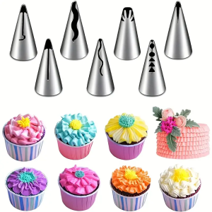 Stainless steel piping tips for cake decorating with 8 different nozzle designs. Cupcakes with colorful floral icing and a decorated cake with flowers.