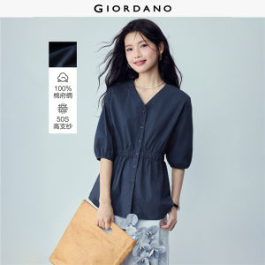 Giordano Women 100% cotton v-neck cinched waist blouse Free Shipping 05346494