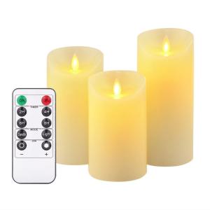 Set of 3 Flameless Candles Battery Operated Ivory Φ8cm Real Wax Pillars & Moving Flame Wick LED Candles and 10-Key Remote Control with Timer Function 300+ Hours