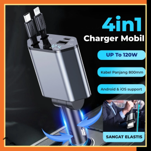【READY STOCK】120W Fast Car Charger Retractable Cable 4 In 1 Type-C & Lightning USB Pengisi Daya Mobil Pengisian Cepat