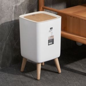 PRIMEPICKGLOBAL Wood-Like Design Trash Can High Foot 10L Capacity Press Dustbin Creative Modern Creative High Garbage Bin Living Room