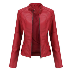 RUCHI Leather Jacket Women Autumn Spring Womens Moto Biker Zipper Jacket Red Black Apricot Coffee Coat Ladies Outerwear Brown