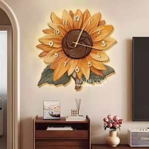 (HÌNH THẬT) Tranh đồng hồ treo tường đèn led hoa hướng dương 7 uv sáng bóng quà tặng tân gia