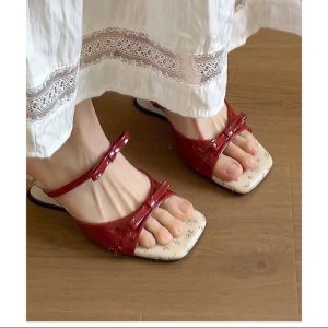 French Elegant Wedge Slippers Womens Square Head Temperament Open Toe Straight with Bow High Heeled Sandals Summer New