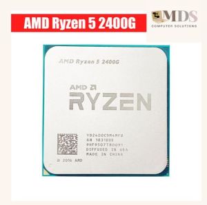 AMD Ryzen 5 2400G processor with 4 cores and 8 threads 3.6 GHz base clock 3.9 GHz boost clock 6 MB L3 cache 100W TDP compatible with AM4 socket manufactured in China.