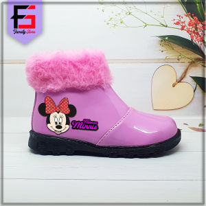 Sepatu Boots MINNIE Cantik Anak Perempuan Fashion / Sepatu Boots Resleting Anak Balita Cewek Motif Minnie Mouse / Sepatu Anak Glossy Wanita Boots Kerah Bulu Halus Lucu / Sepatu Anak Boots Trendy