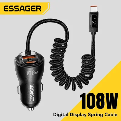 Essager 108W Digital Display 2C+A Car Charger USB-A+ Dual Type-C 3-ports Built-in Retractable Flexible Stretchable Type-C Cable Fast Charging Built-in Spring Cable Car Charger For iPad iPhone17 16 15 Huawei Samsung Xiaomi Switch Tablet Pickups Vans SUVs