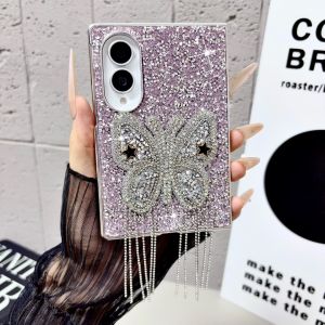 For Samsung Galaxy Z Fold8 Ultra/Z Fold8/Z Fold7/Z Fold6 Case Bling Glitter Diamond Butterfly with Chain Tassel Shockproof Protective Casing Luxury Sparkly Foldable Phone Cover for Women Gift