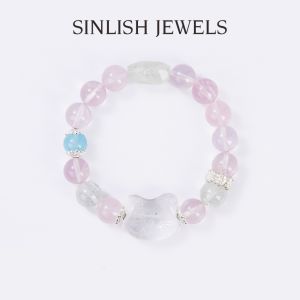 SINLISH Natural Pink Crystal Bracelet with Aquamarine & White Kitty Head Charm Womens Gift & Blessing Jewelry