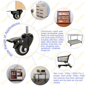 MOON Heavy duty PU Swivel castor wheels (Threaded Stem Bolt M10/M8) 2" Casters with Brake Lock Swivel caster wheels set Heavy duty PU Swivel castor wheels 4PCS Trolley furniture caster 360 Degree For DIY trolley furniture closet wardrobe Clothes Hanger[In