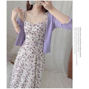 Floral purple Dress for woman flower long Dress korean Summer lilac dress purple (dress+Cardigan) 