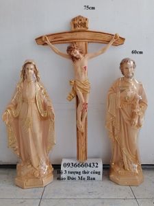 Bộ 3 tượng Đức Mẹ Ban Ơn Thánh Giuse 60cm Thánh Giá Chúa chịu nạn 80cm chất liệu nhựa composite màu nâu giống gỗ
