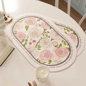 4pcs Rose Print Leather Placemat Oval Design Waterproof Oil Proof Thermal Placemat For Dinning Table