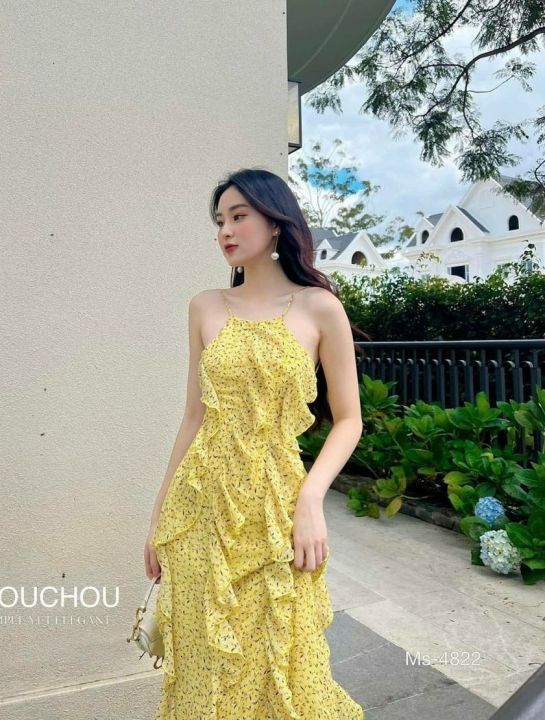 Set đi biển áo tay dài cột eo chân váy maxi xẻ tà màu vàng hoạ tiết nổi bật  Váy maxi đầm đi biển Kèm hình thật | Shopee Việt Nam