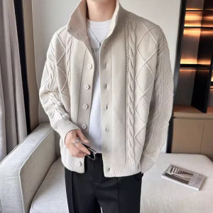High end knitted sweater jacket for men in spring and autumn wide cardigan sweater fashionable and trendy stand up collar jacket