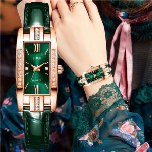 Women Rectangle Green Roma Dial Watches Luxury Rhinestone Ladies leather Strap Quartz Wrist Watch