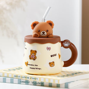 JustLiving Cute Coffee Bear Mug Cup with Lid Milk Mug Ceramic Mug 420ml Cawan Kopi Seramik Comel Bear Dengan Penutup Dan Sudu/Version of The Large-capacity Mug with Straw Drinking Cup Gift Boxed