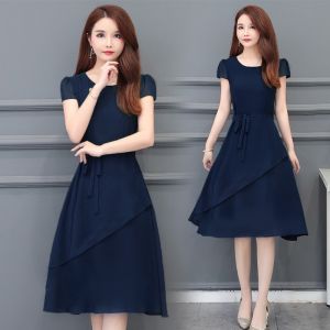 Korean Style Formal Womens Short Sleeve Solid Color A-Line Skirt Summer Midi Dress Plus Size 2001